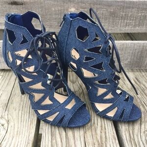- Qupid Sz 6 Blue Denim Lace-Up Heeled Sandals! NEW!